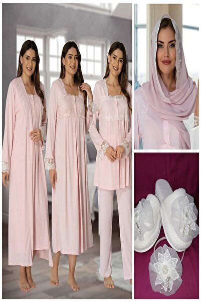 kaktüslohusa جهد المرأة الوردي الأمومة ثوب النوم بيجامة مجموعة روب للنوم تاج النعال شال مجموعة من 7 2405