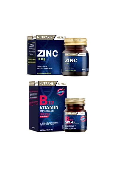 Nutraxin 100 Tablets Supplementary Food - 15 Mg Zinc Mineral + Vitamin B12 60 Sublingual Tablets