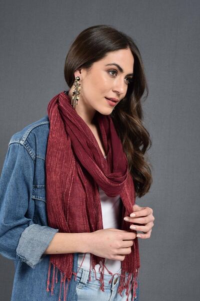 Dosimira Unisex Bordo Denim Taşlama Pamuklu Fular