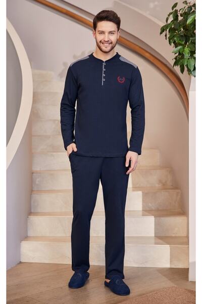 ByLohusa Set pijamale jacquard cu umăr bleumarin pentru femei
