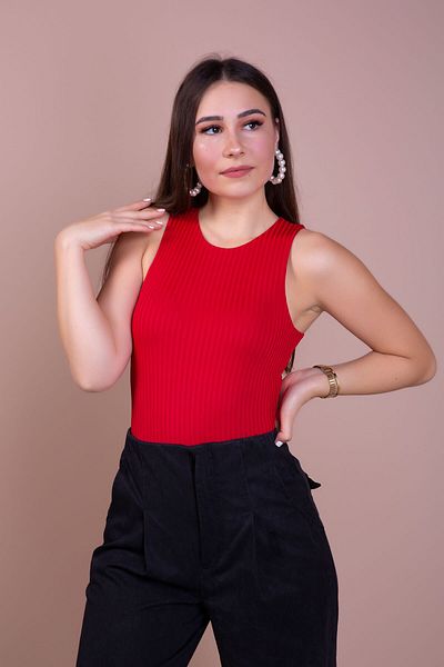 Bidoluelbise Women's Red Knitted Bodysuit with Snap Fasteners