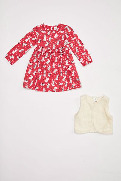 DeFacto Baby Girl Printed Dress and Vest Set