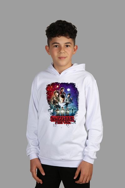 Raf Coll Hanorac alb cu glugă pentru copii Stranger Things, imprimat digital, cu două fire în interior