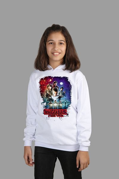 Raf Coll Hanorac alb cu glugă pentru copii Stranger Things, imprimat digital, cu două fire în interior