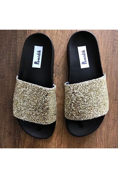 Pomidik Γυναικείες καλοκαιρινές παντόφλες Gold Glittery Shiny Single Strap
