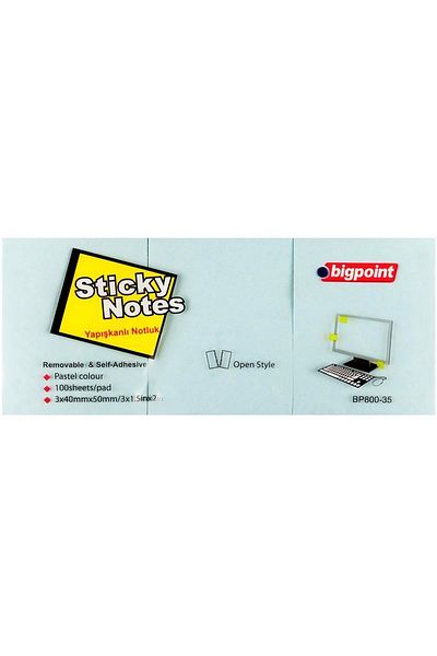 Bigpoint Blue Note Paper 3 Pack - Adhesive, 40X50Mm