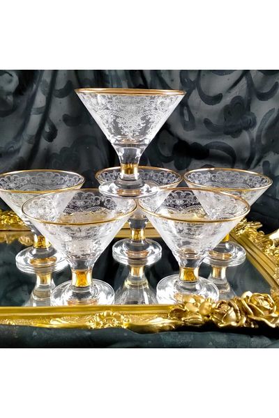 Paşabahçe Set of 6 Hand Decorated Lace Embroidered Glass Sugar Bowl, Turkish Delight Bowl, Chocolate Bowl, Ice Cream Bowl, Cup