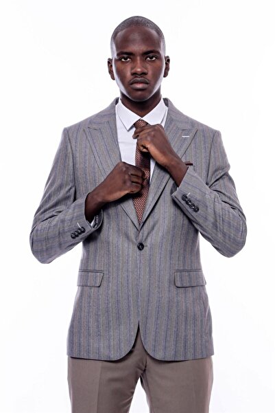 Wessi Ekose Çizgili Slim Fit Gri Erkek Ceket - Wessi