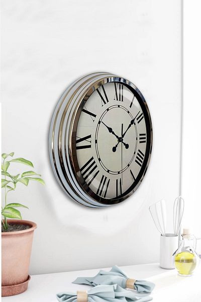 Kasva Concept Ceas de perete din metal cromat de 40 cm cu numere romane