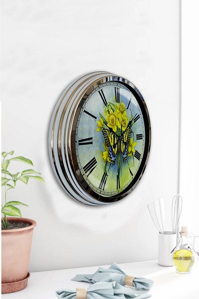 Kasva Concept Gift 40 cm Chrome Metal Butterfly Wall Clock