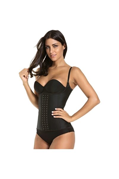 Gençplus Kadın Siyah Latex Korse Askılı Celik Balenli 3 Kademeli Agraflı Seki...