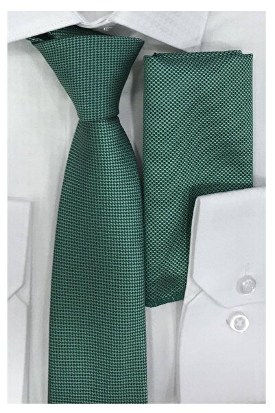 JAKSTONE Erkek Su Yeşili Mikrofiber Mendilli İnce Kravat