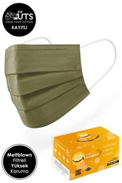 Mutlu Maske Meltblown Filtreli Yumuşak Lastikli 3 Katlı Telli Haki Renkli Tek Kullanımlık Cerrahi Maske 50'li
