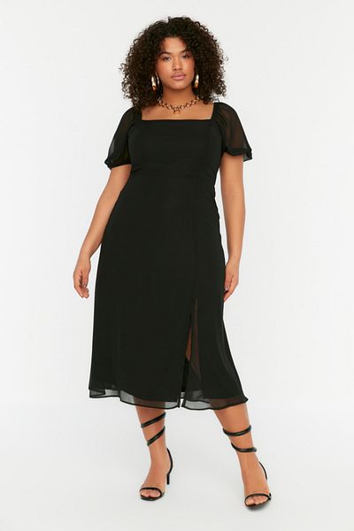 Trendyol Curve Schwarzes gewebtes Kleid mit Schlitz TBBSS22AH0012