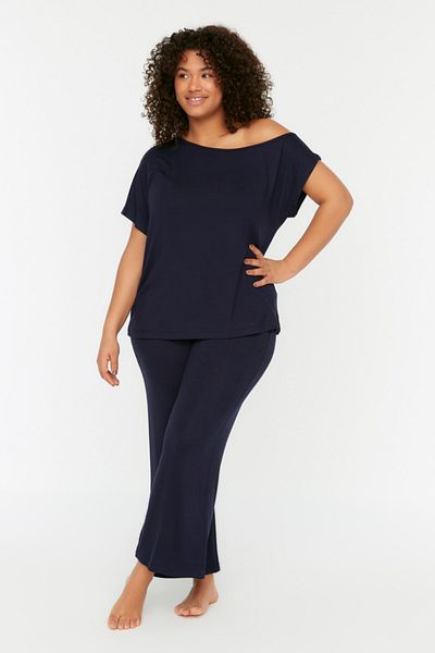 Trendyol Curve Plus Size Pajama Set - Navy blue - Plain