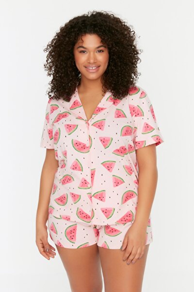 Trendyol Curve Plus Size Pajama Set - Pink - With Slogan