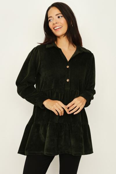 Select Moda Fusta kaki pentru femei Rochie tunică din catifea cu volan