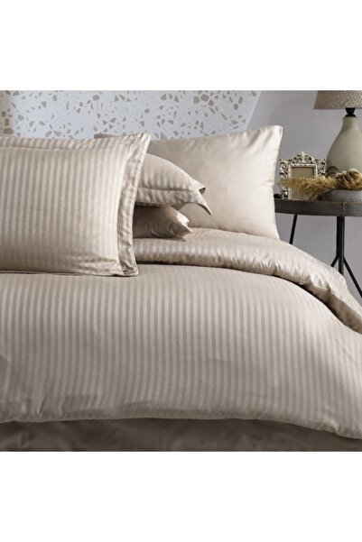 Hobby Çizgili Bej - Çift Kişilik Jakarlı Saten Nevresim Takımı