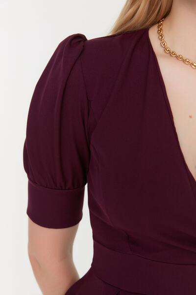 Trendyol Collection Švestkové mini tkané šaty s dvojitým límcem/zapínáním na pásek TWOSS20EL1639