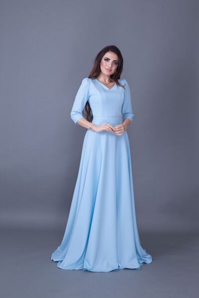 Bidoluelbise Kadın Bebe Mavi Maxi Boy V Yaka Elbise