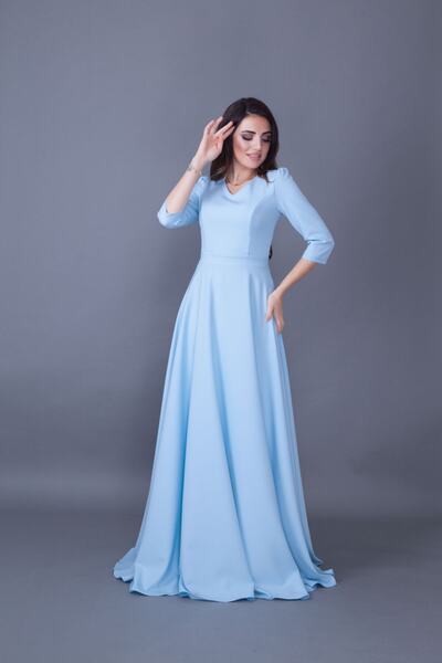 Bidoluelbise Kadın Bebe Mavi Maxi Boy V Yaka Elbise