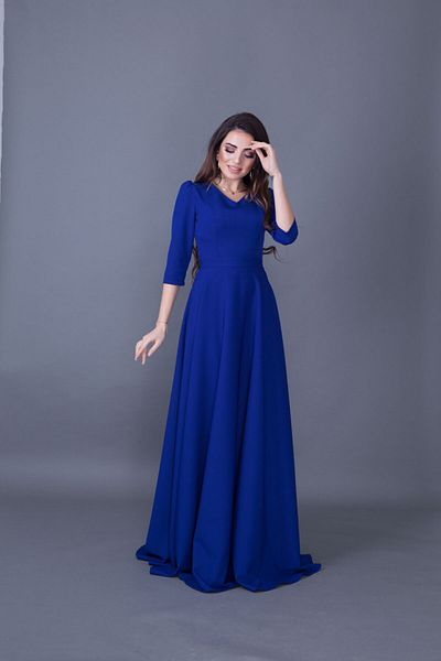 Bidoluelbise Women's Sax Blue Maxi Length V-Neck Dress