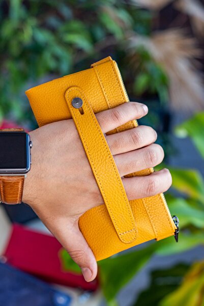 Garbalia Roosevelt Deri Telefon Bölmeli El Saplı Hardal Sarısı Unisex Portföy Cüzdan