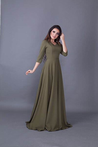 Bidoluelbise Kadın Haki Maxi Boy V Yaka Elbise