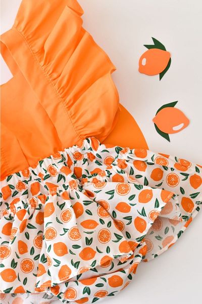 Little Ya Ya Love Baby Girl Orange Pattern Poplin Ruffle Salopet Bandana Set