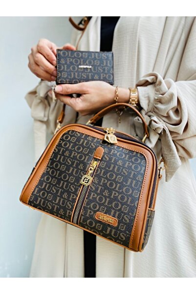 Just Polo طقم حقيبة نسائية باللون البني وحامل بطاقات