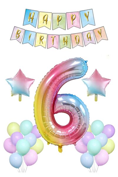 Patladı Gitti Gökkuşağı Konsepti 6 Yaş Doğum Günü Parti Kutlama Seti; Rakam V...