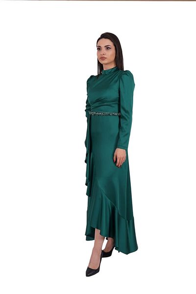SpringStore Rochie de seara din satin brodata cu pietre in talie verde