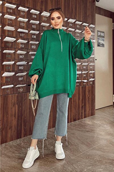 Rimel Moda Fermuarlı Triko Tunik Yeşil