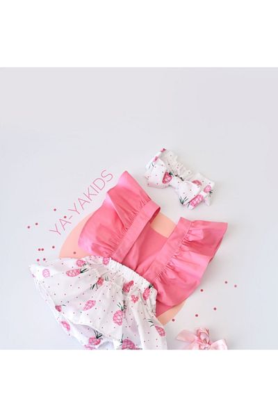 Little Ya Ya Love Baby Girl Pineapple Pattern Poplin Ruffle Salopet Bandana Set