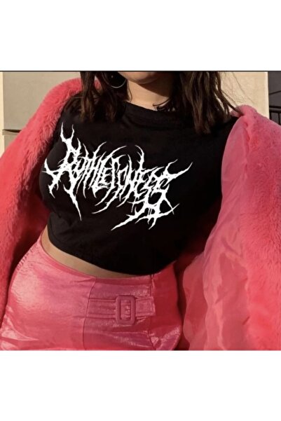 Köstebek Gothic Punk Black Half Women's Crop T-Shirt