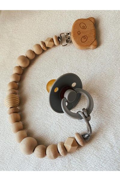 GOER STORE Panda Detailed Natural Wooden Pacifier Chain Pacifier Strap Baby Gift