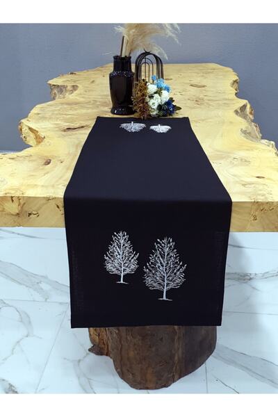 Tanem Home Подложка за хранене с бродерия и мотиви от вносен лен, 40x140 см, черна
