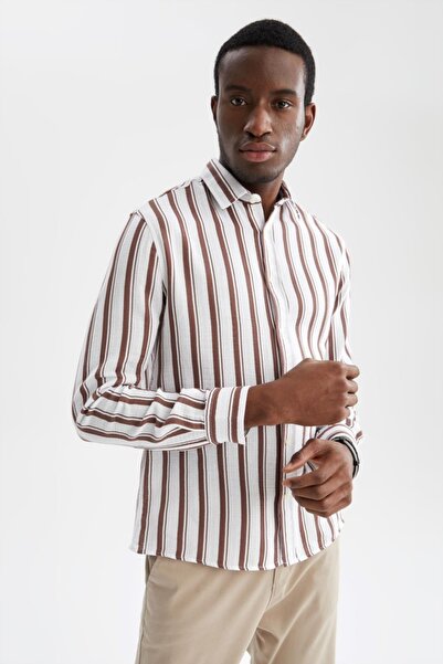 DeFacto Modern Fit Linen Look Long Sleeve Shirt with Line Pattern