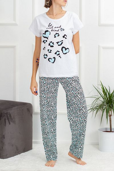 Yabgu Women's White Blue Leopard Patterned Cotton Short Sleeve Pajama Set
