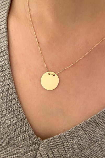 Akay Kuyumcu & Pırlanta 1.6 Cm Çaplı Yuvarlak Plaka Kolye 14 Ayar Sarı Altın