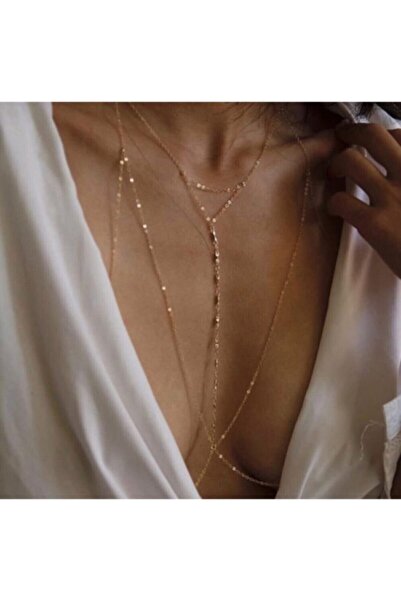 Classy Kadın Gold Zincir Ortası Şerit Top Detay Vücut Aksesuarı