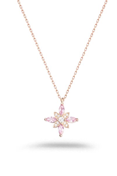 Miavi Silver 925 Ayar Gümüş Pembe Taşlı Umut Çiçeği Kolye