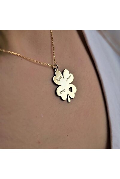 Dmn telkari Silver Kalpli Yonca Model Üç İsimli Altın Kaplama Gümüş Kolye