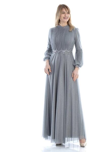 Arin Üzeri Kolları Piliseli Simli Tül Uzun Elbise 38735 Gri