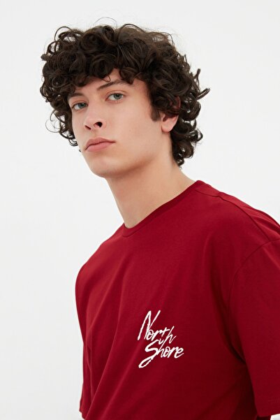 Trendyol Collection Claret Red Oversize/Wide Cut Text Printed 100% Cotton T-Shirt Tmnss20Ts1099