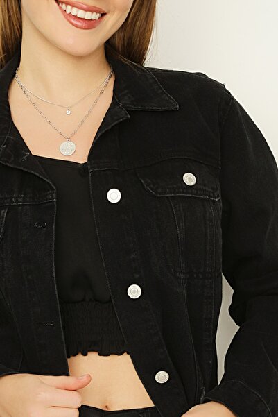 Select Moda Γυναικείο τζιν μπουφάν με μαύρο κουμπιά με φούντα