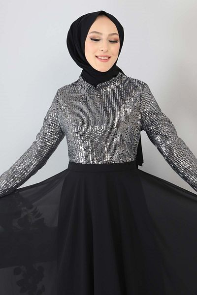 Modamihram Rochie de seara din sifon cu paiete argintiu