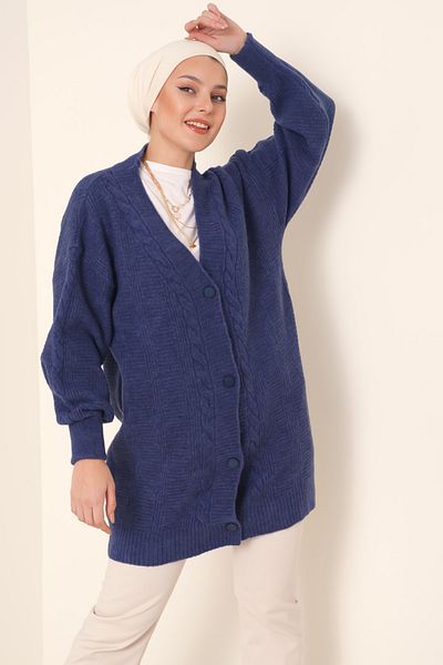 Bigdart 15768 Marineblauer Hijab-Strickpullover mit geknöpftem Haarstrickmuster