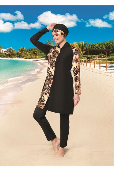 Ruko Maio Cross Leopard Print Stand Collar Parachute Micro Fabric Full Hijab Swimsuit