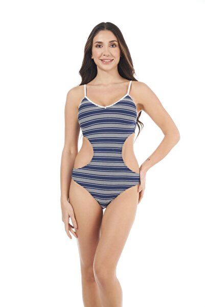 Estiva Costum de baie pentru femei cu model în dungi bleumarin